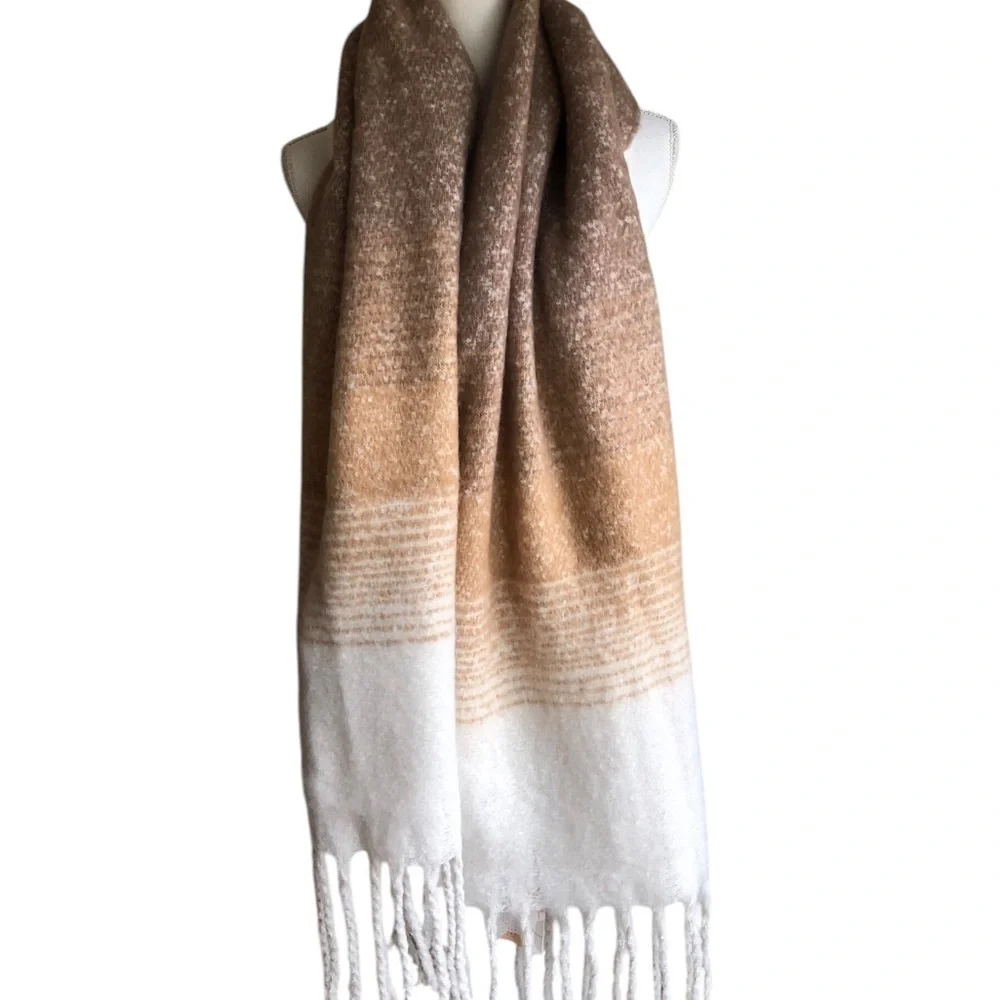 Beige and White Fringed Scarf Ombré Stripe